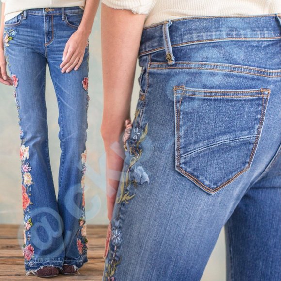 Free People x Driftwood Farrah Embroidered Flare Jeans Sz 27 - Picture 5 of 16